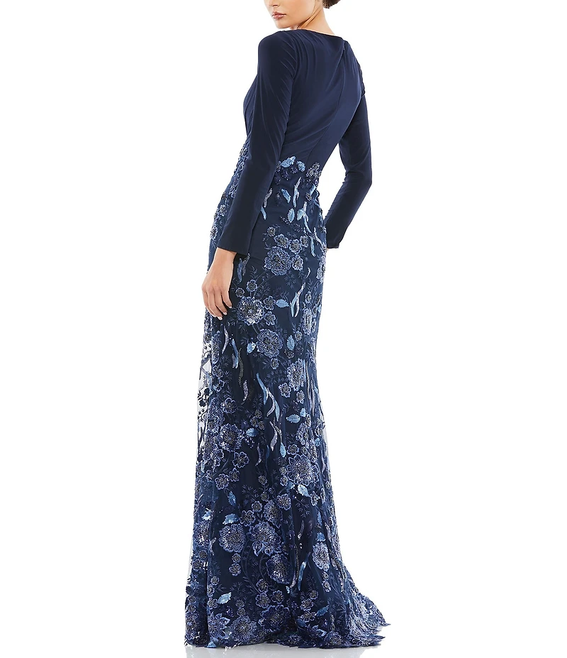 Mac Duggal V-Neck Long Sleeve Embellished Floral Applique Gown