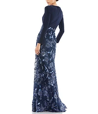 Mac Duggal V-Neck Long Sleeve Embellished Floral Applique Gown