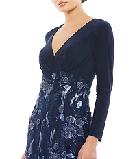 Mac Duggal V-Neck Long Sleeve Embellished Floral Applique Gown