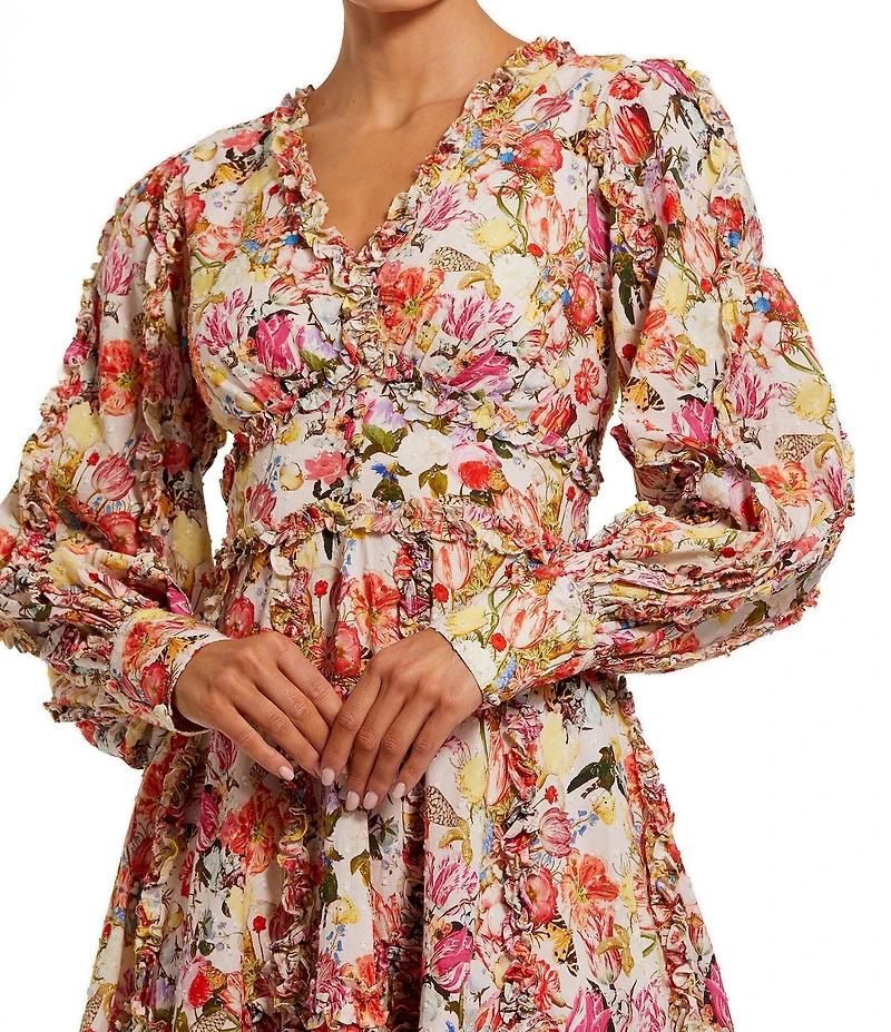 Mac Duggal V-Neck Long Sleeve Floral Woven Shift Dress