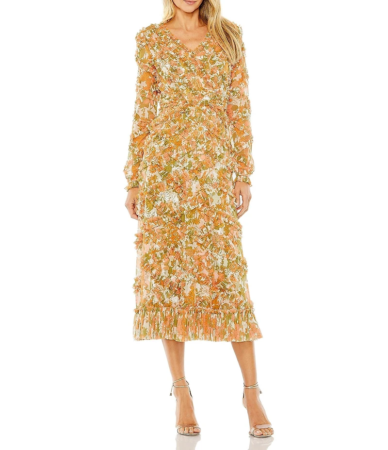 Mac Duggal V-Neck Long Sleeve Low Back Floral Printed Chiffon Ruffle A-line Midi Dress