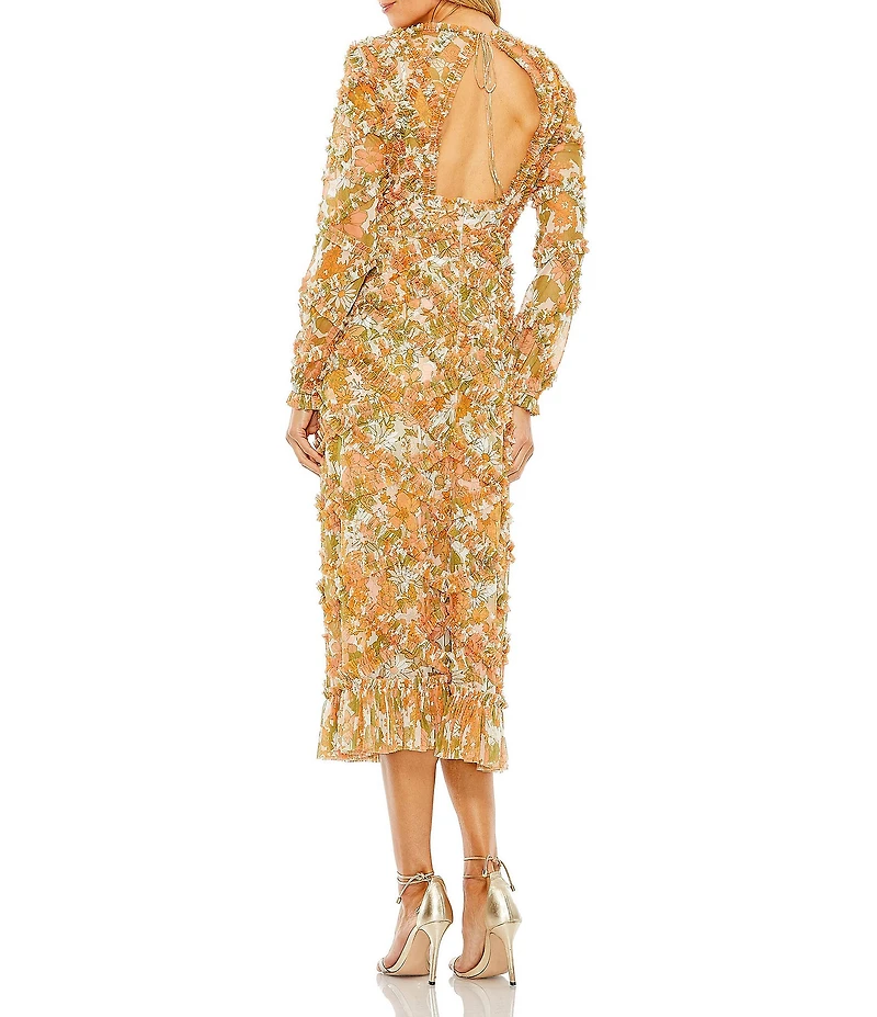 Mac Duggal V-Neck Long Sleeve Low Back Floral Printed Chiffon Ruffle A-line Midi Dress
