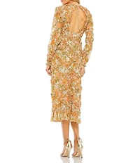 Mac Duggal V-Neck Long Sleeve Low Back Floral Printed Chiffon Ruffle A-line Midi Dress