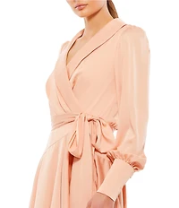 Mac Duggal V Neck Long Sleeve Wrap Satin Mini Dress