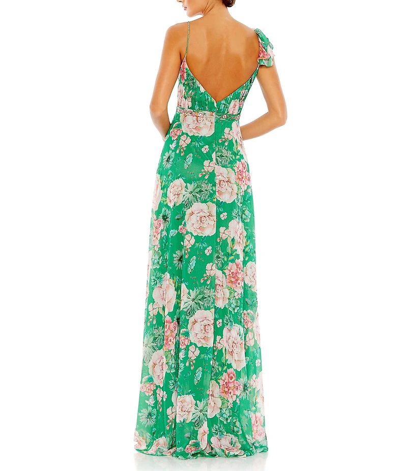 Mac Duggal V-Neck Ruffle Front Floral Print Chiffon A-Line Gown