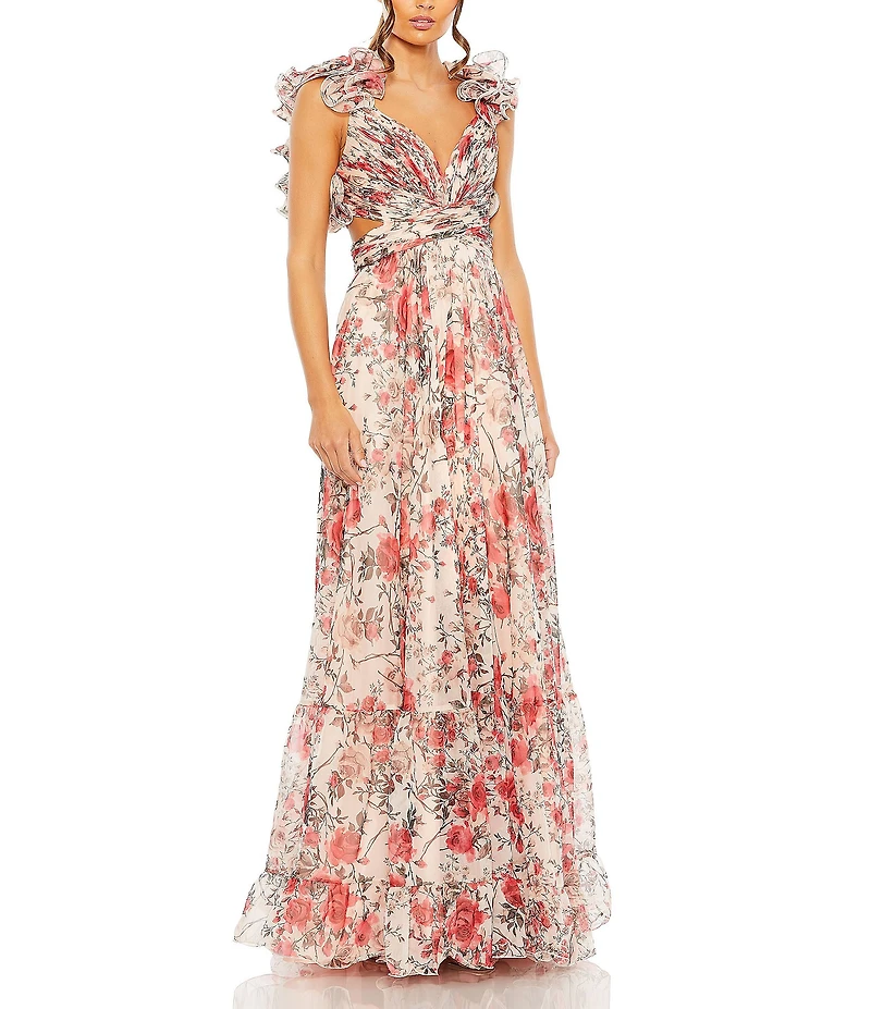 Mac Duggal V-Neck Ruffle Shoulder Cut Out Lace Back Floral Chiffon A-Line Gown