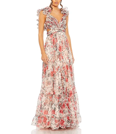 Mac Duggal V-Neck Ruffle Shoulder Cut Out Lace Back Floral Chiffon A-Line Gown