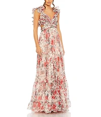 Mac Duggal V-Neck Ruffle Shoulder Cut Out Lace Back Floral Chiffon A-Line Gown