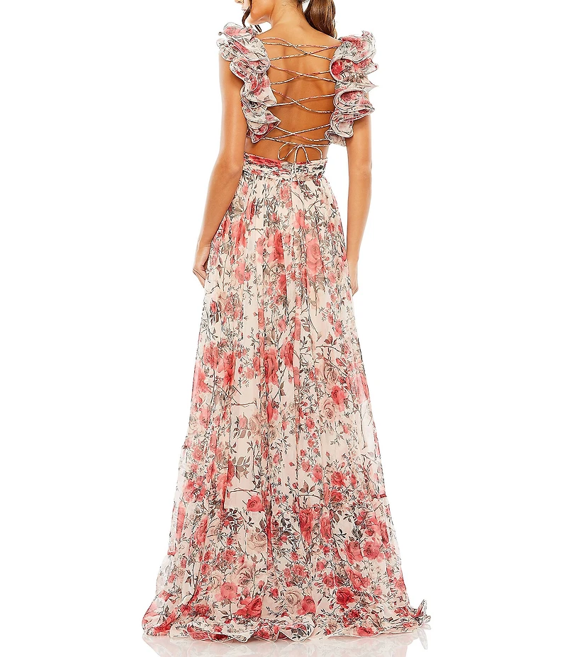 Mac Duggal V-Neck Ruffle Shoulder Cut Out Lace Back Floral Chiffon A-Line Gown