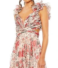 Mac Duggal V-Neck Ruffle Shoulder Cut Out Lace Back Floral Chiffon A-Line Gown