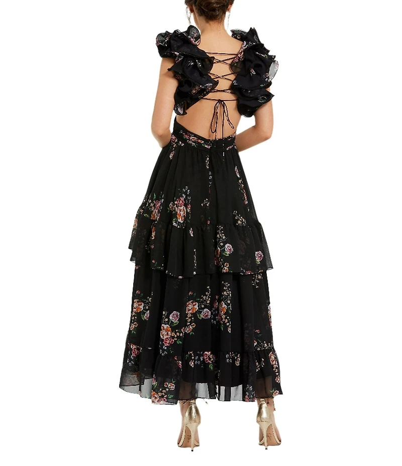Mac Duggal V-neck Ruffle Shoulder Cut Out Tiered Hem Aline Midi Dress