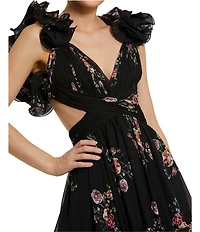 Mac Duggal V-neck Ruffle Shoulder Cut Out Tiered Hem Aline Midi Dress