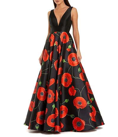 Mac Duggal V Neck Satin Floral Gown