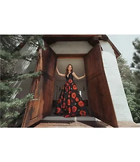 Mac Duggal V Neck Satin Floral Gown