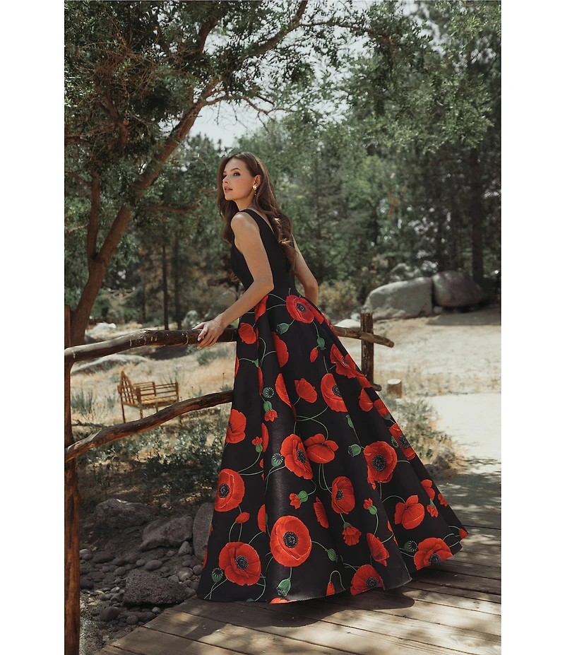 Mac Duggal V Neck Satin Floral Gown