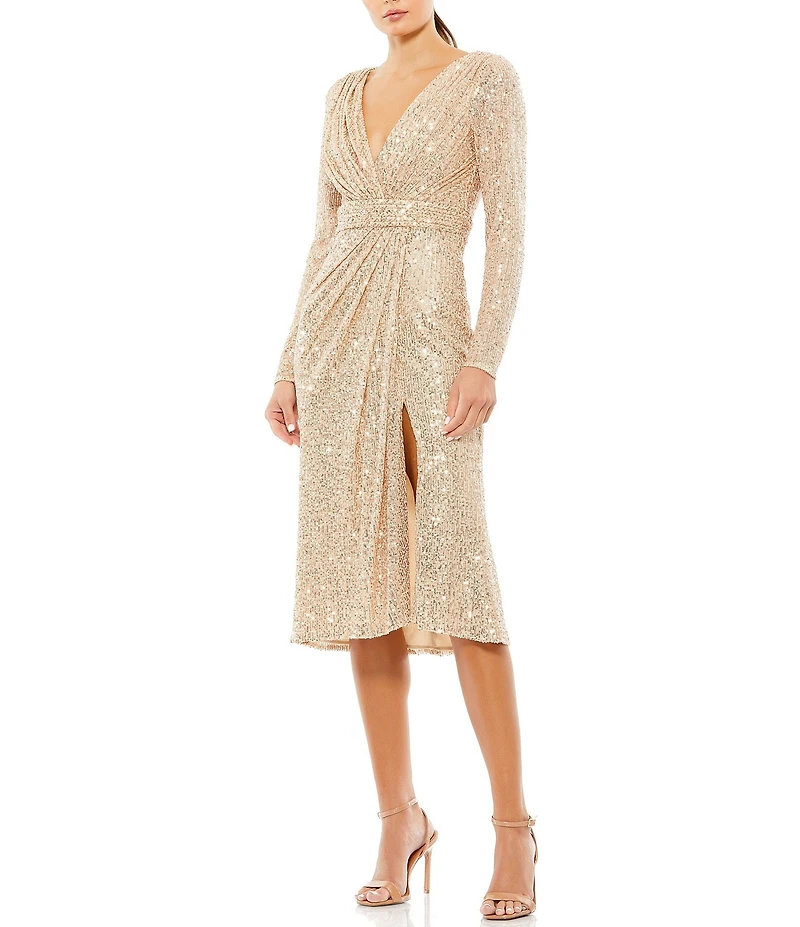 Mac Duggal V-Neck Sequined Long Sleeve Sheath Dress