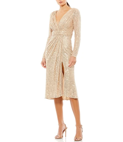 Mac Duggal V-Neck Sequined Long Sleeve Sheath Dress