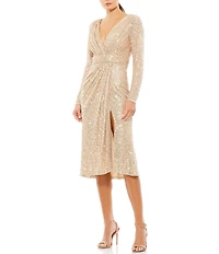Mac Duggal V-Neck Sequined Long Sleeve Sheath Dress