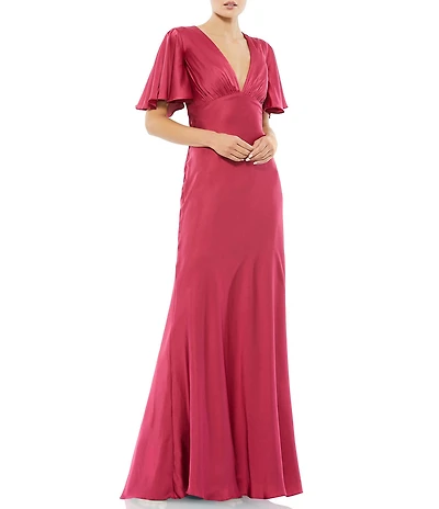 Mac Duggal V-Neck Short Flounce Sleeve A-Line Dress