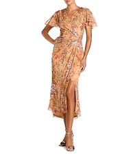 Mac Duggal V-Neck Short Flutter Sleeve Sequined Printed Mesh Faux Wrap Midi Dress