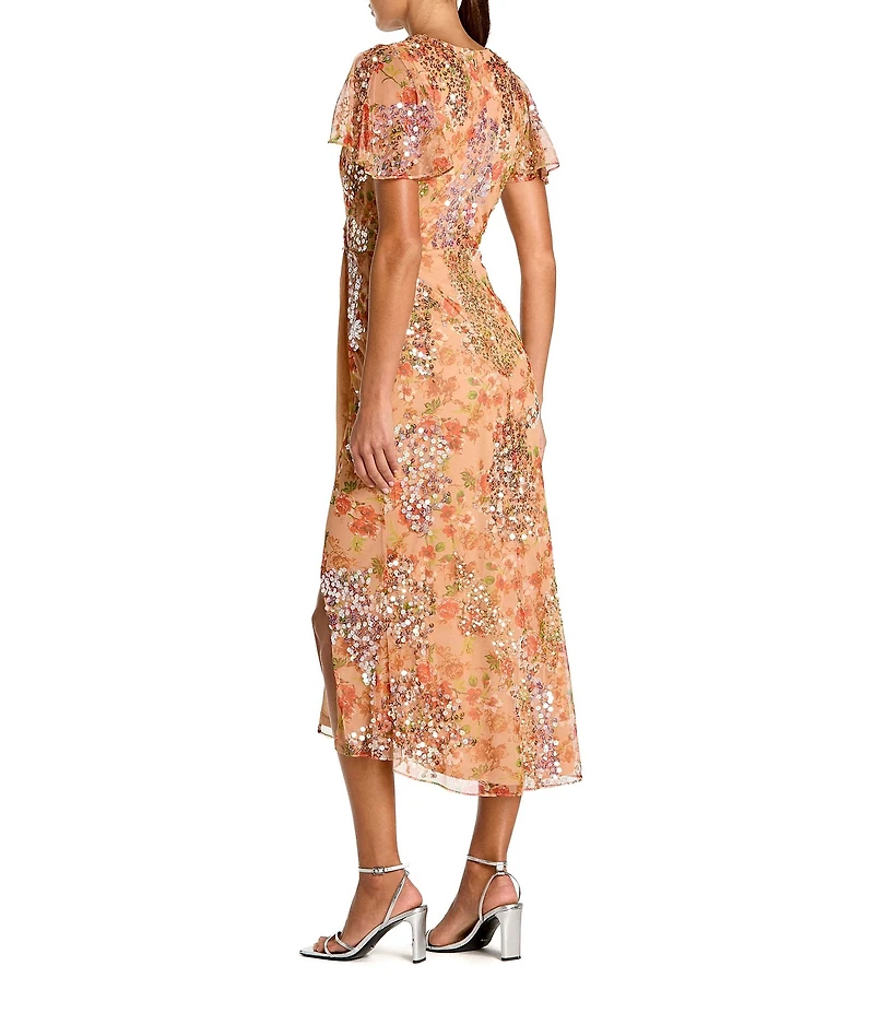Mac Duggal V-Neck Short Flutter Sleeve Sequined Printed Mesh Faux Wrap Midi Dress