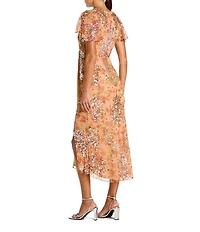 Mac Duggal V-Neck Short Flutter Sleeve Sequined Printed Mesh Faux Wrap Midi Dress