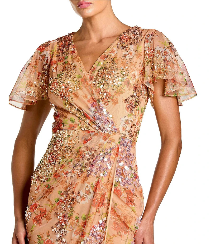 Mac Duggal V-Neck Short Flutter Sleeve Sequined Printed Mesh Faux Wrap Midi Dress