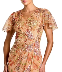 Mac Duggal V-Neck Short Flutter Sleeve Sequined Printed Mesh Faux Wrap Midi Dress