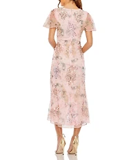 Mac Duggal V-Neck Short Flutter Sleeve Sequined Printed Mesh Faux Wrap Midi Dress