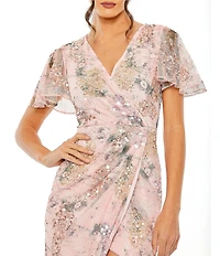 Mac Duggal V-Neck Short Flutter Sleeve Sequined Printed Mesh Faux Wrap Midi Dress