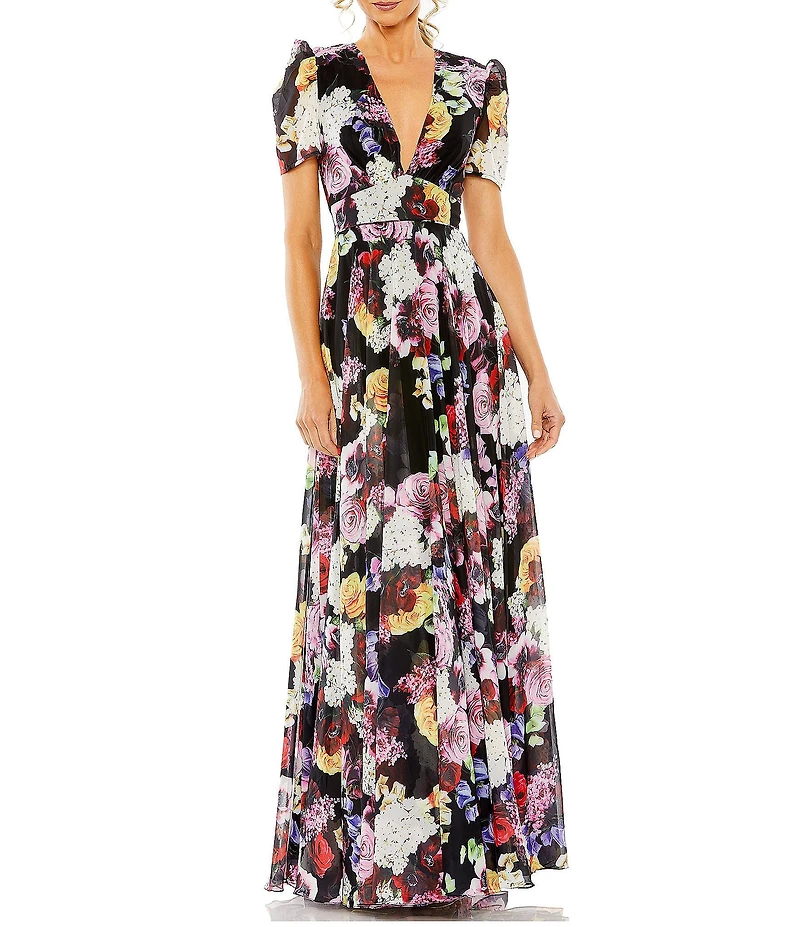 Mac Duggal V-Neck Short Sleeve Floral Mesh Aline Dress