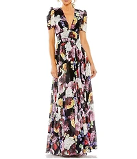 Mac Duggal V-Neck Short Sleeve Floral Mesh Aline Dress