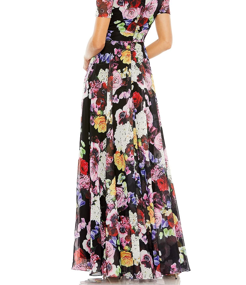 Mac Duggal V-Neck Short Sleeve Floral Mesh Aline Dress