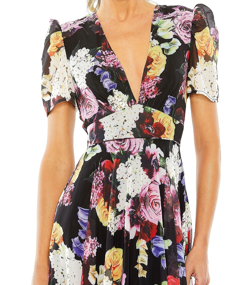Mac Duggal V-Neck Short Sleeve Floral Mesh Aline Dress