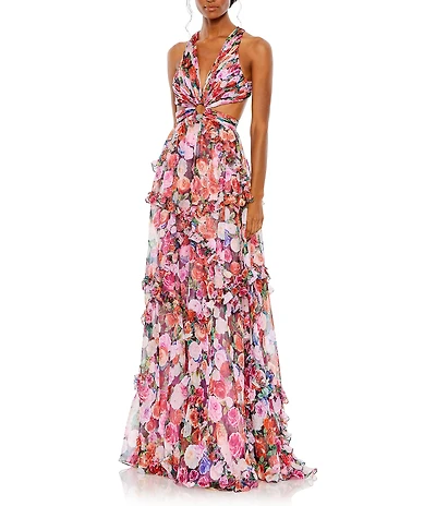 Mac Duggal V-Neck Side Cut Out Floral Chiffon Ruffle A-Line Gown