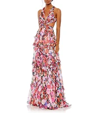Mac Duggal V-Neck Side Cut Out Floral Chiffon Ruffle A-Line Gown