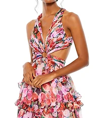 Mac Duggal V-Neck Side Cut Out Floral Chiffon Ruffle A-Line Gown