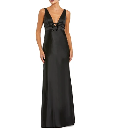 Mac Duggal V-Neck Sleeveless Bow Trim Satin Sheath Gown