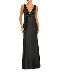 Mac Duggal V-Neck Sleeveless Bow Trim Satin Sheath Gown