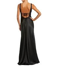 Mac Duggal V-Neck Sleeveless Bow Trim Satin Sheath Gown