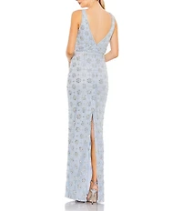 Mac Duggal V-neck Sleeveless Embellished Mesh Column Gown