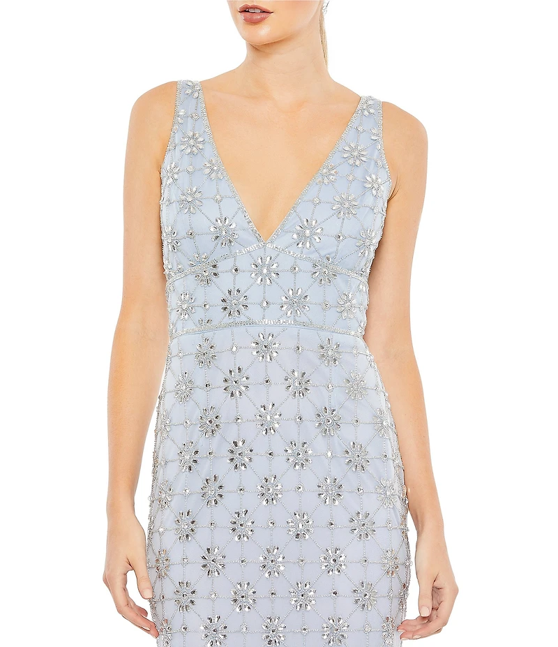 Mac Duggal V-neck Sleeveless Embellished Mesh Column Gown