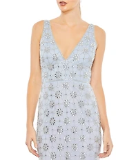 Mac Duggal V-neck Sleeveless Embellished Mesh Column Gown