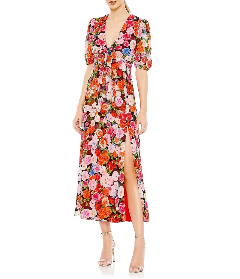 Mac Duggal V-Neck Tie Front Short Sleeve Floral Print Chiffon Midi Dress