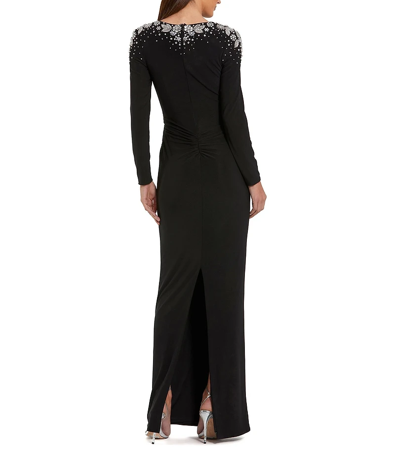 Mac Duggal V-Neck Twist Front Beaded Shoulder Jersey Gown