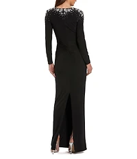Mac Duggal V-Neck Twist Front Beaded Shoulder Jersey Gown