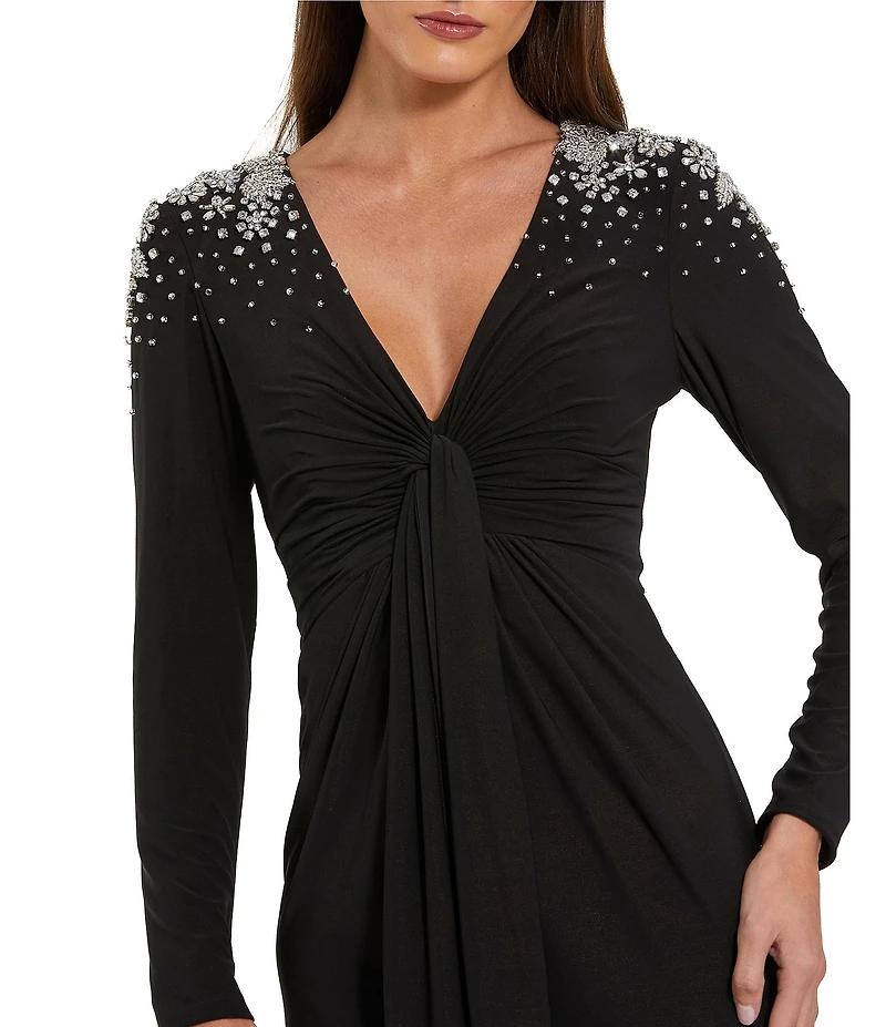 Mac Duggal V-Neck Twist Front Beaded Shoulder Jersey Gown