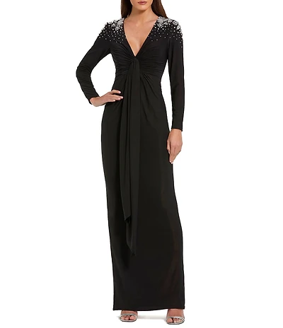 Mac Duggal V-Neck Twist Front Beaded Shoulder Jersey Gown