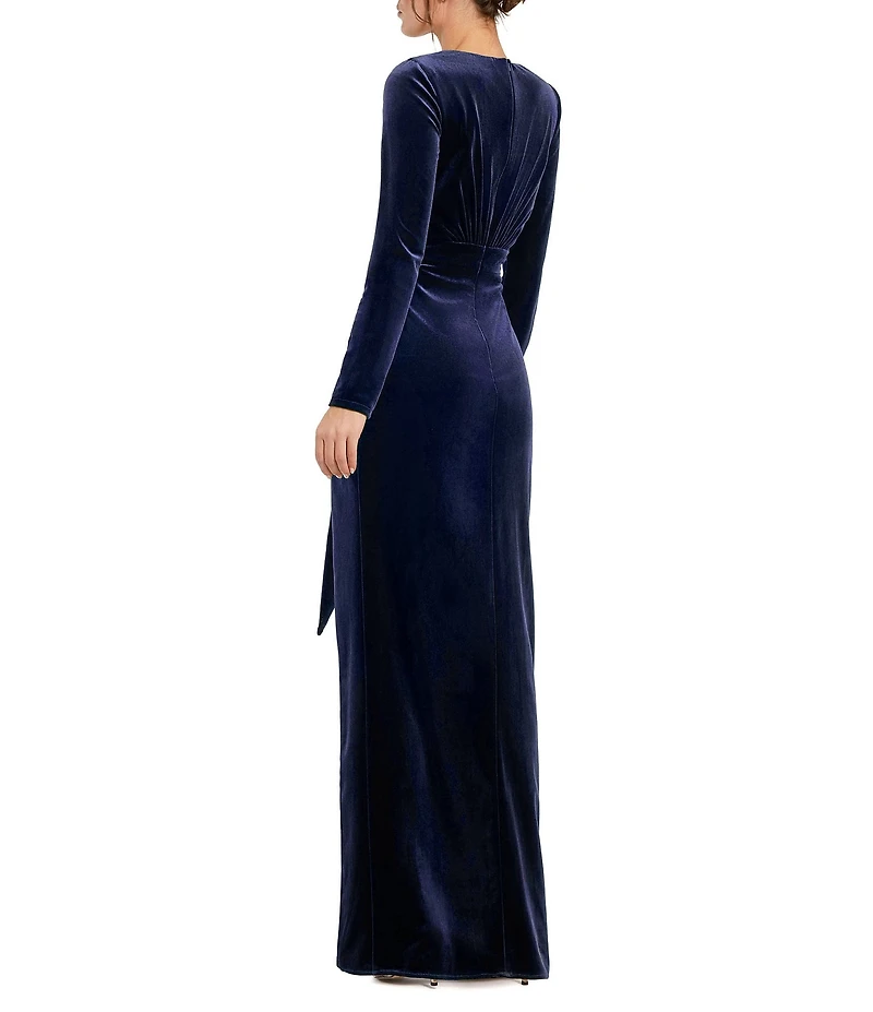 Mac Duggal Velvet Deep V-Neck Long Sleeve Draped Sheath Dress