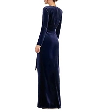 Mac Duggal Velvet Deep V-Neck Long Sleeve Draped Sheath Dress